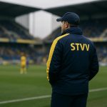 Wouter Vrancken, trainer van STVV, langs de zijlijn in een stadionomgeving