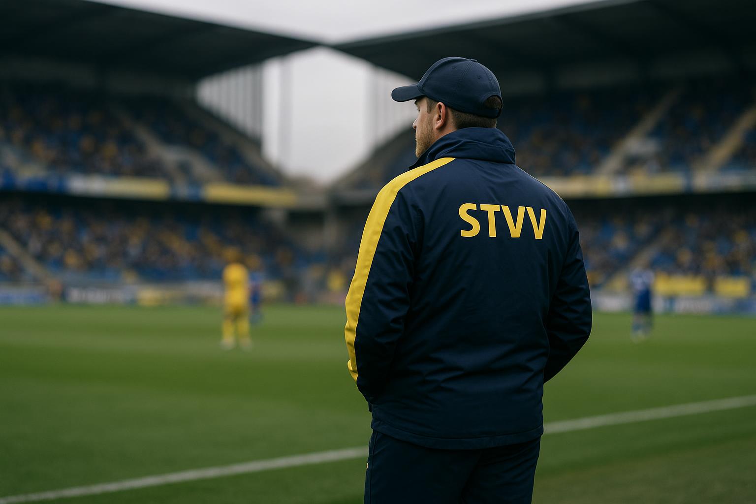Wouter Vrancken, trainer van STVV, langs de zijlijn in een stadionomgeving