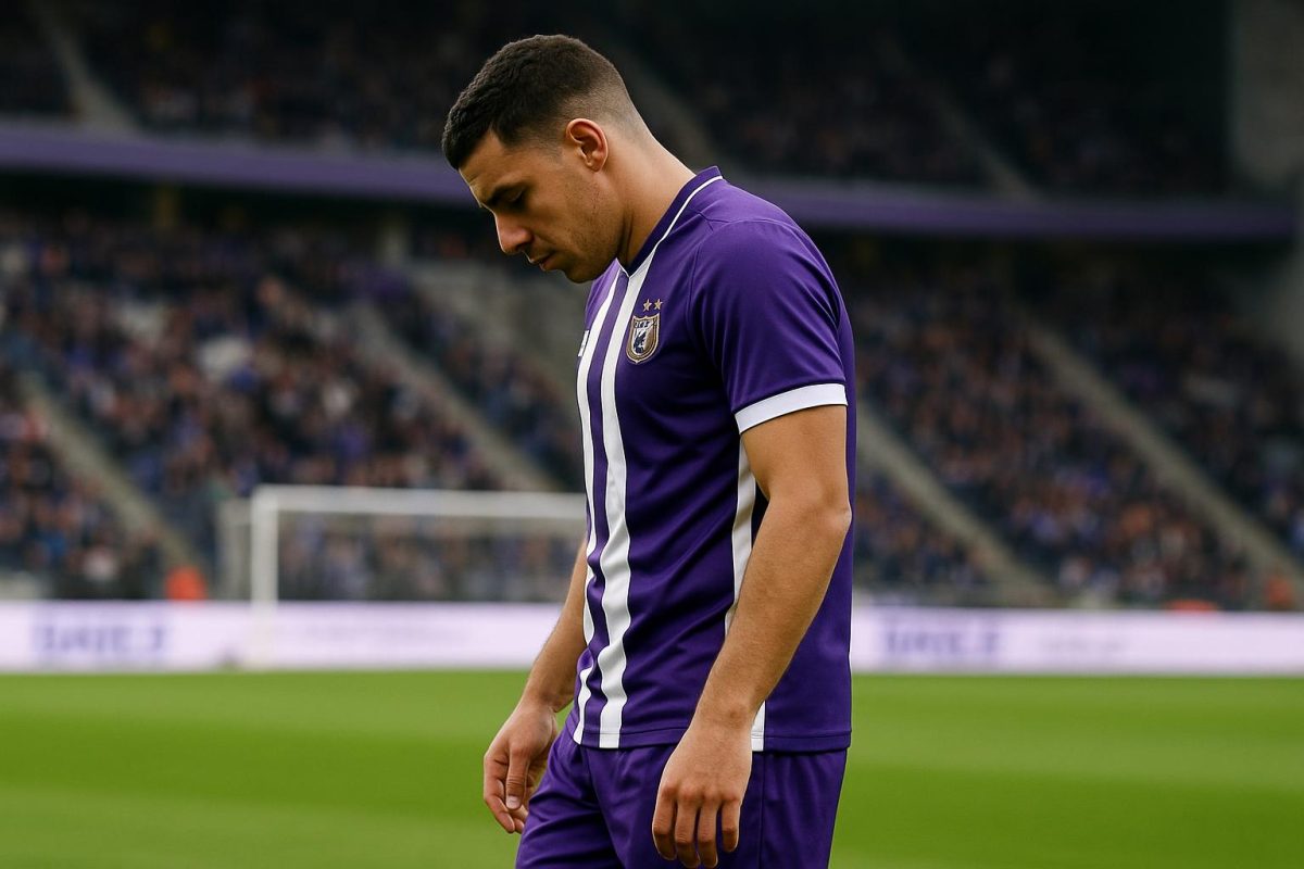 Teleurgestelde speler van RSC Anderlecht op het veld tijdens een wedstrijd
