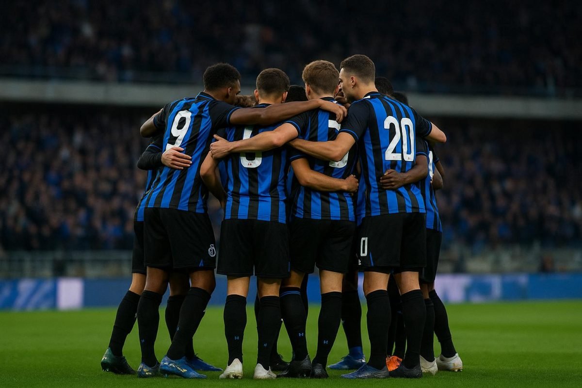 Spelers van Club Brugge vieren samen in het stadion tijdens de Champions’ Play-Offs.