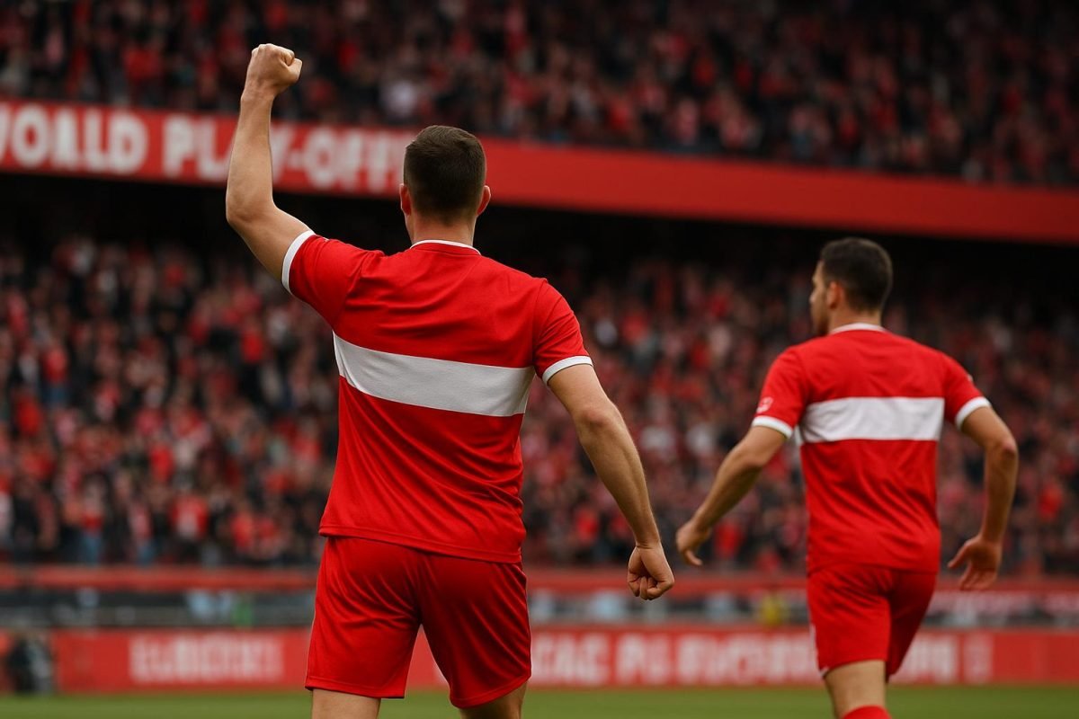 Casper Nielsen van Standard viert na een beslissend moment in de Europe Play-offs