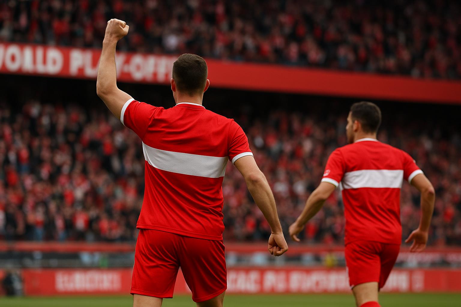 Casper Nielsen van Standard viert na een beslissend moment in de Europe Play-offs