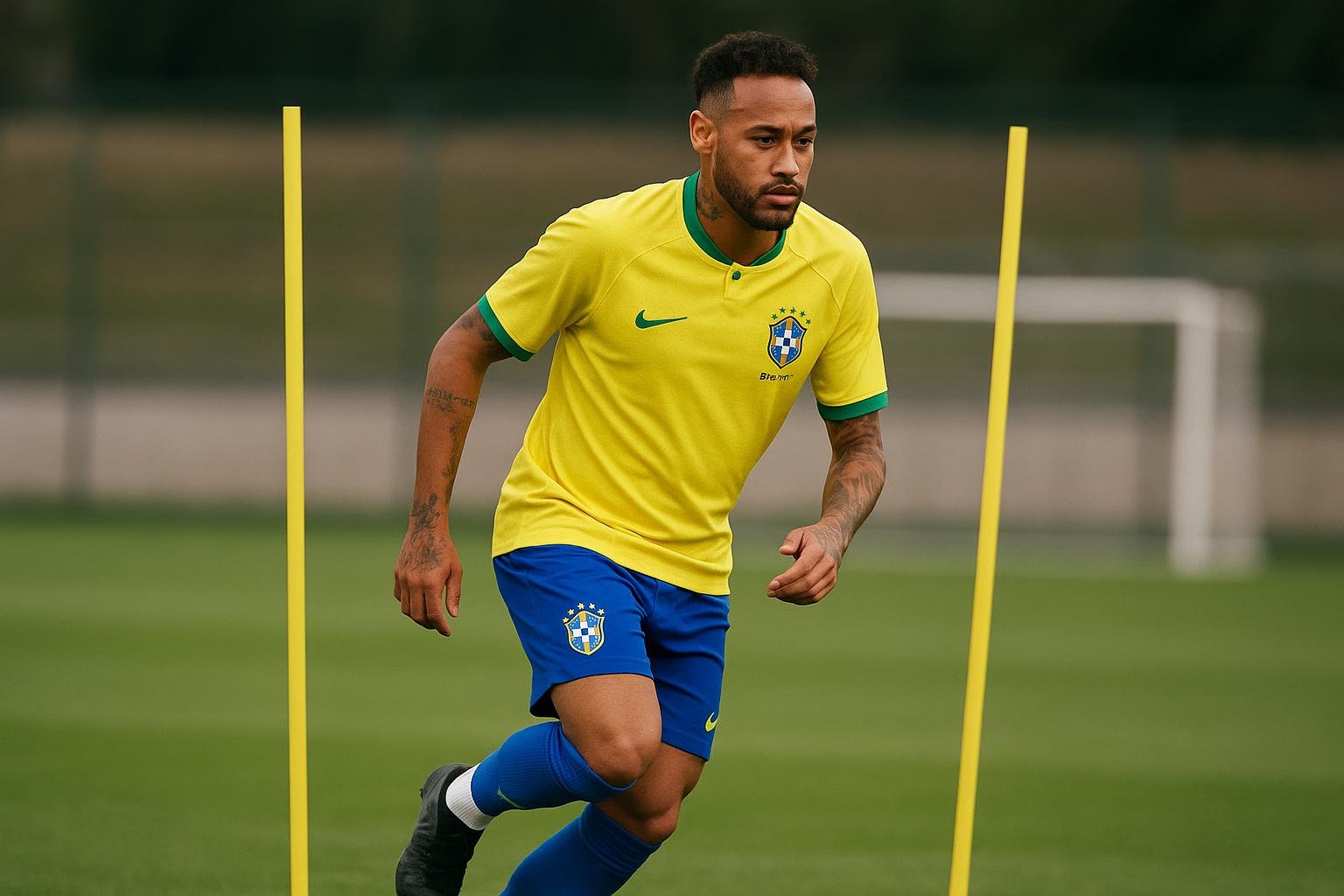 Neymar in trainingsoutfit van Brazilië op het oefenveld