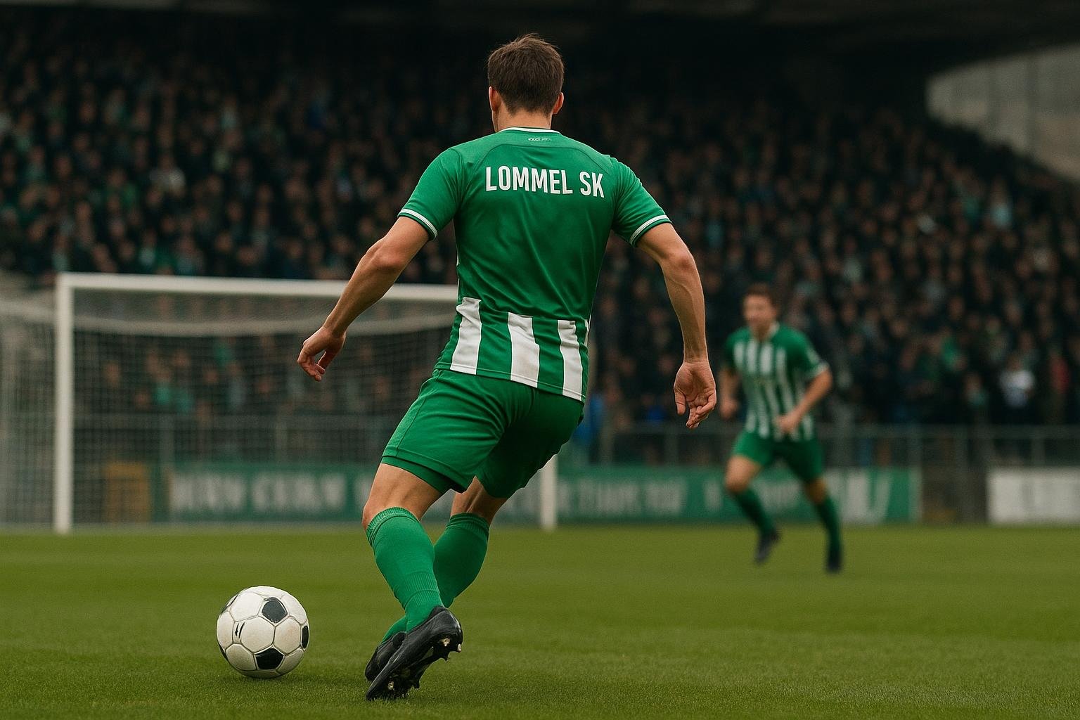 Een doelman van Lommel SK warmt op in een stadionomgeving met tribunes op de achtergrond.