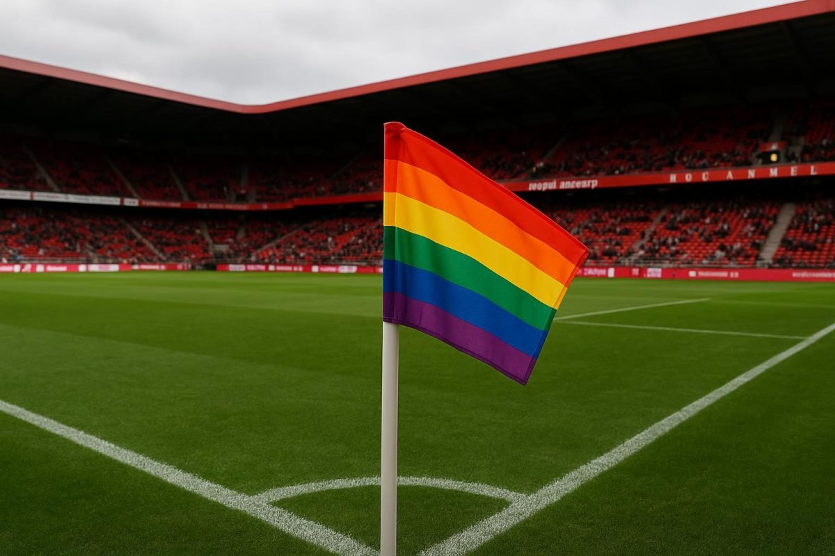 Cornervlaggen in regenboogkleuren in het stadion van Royal Antwerp FC op de Bosuil