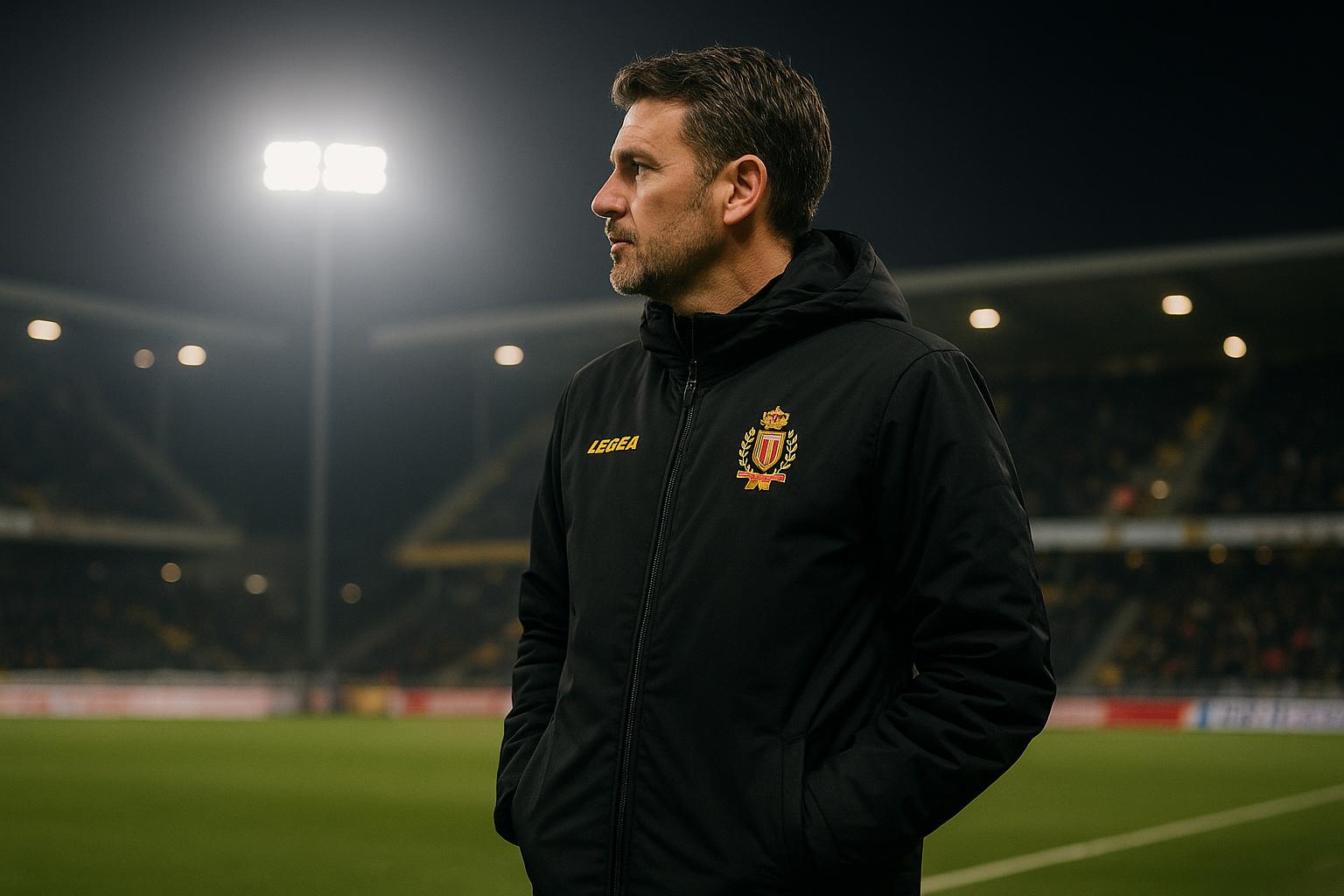 Frederik Vanderbiest coacht KV Mechelen tijdens een wedstrijd
