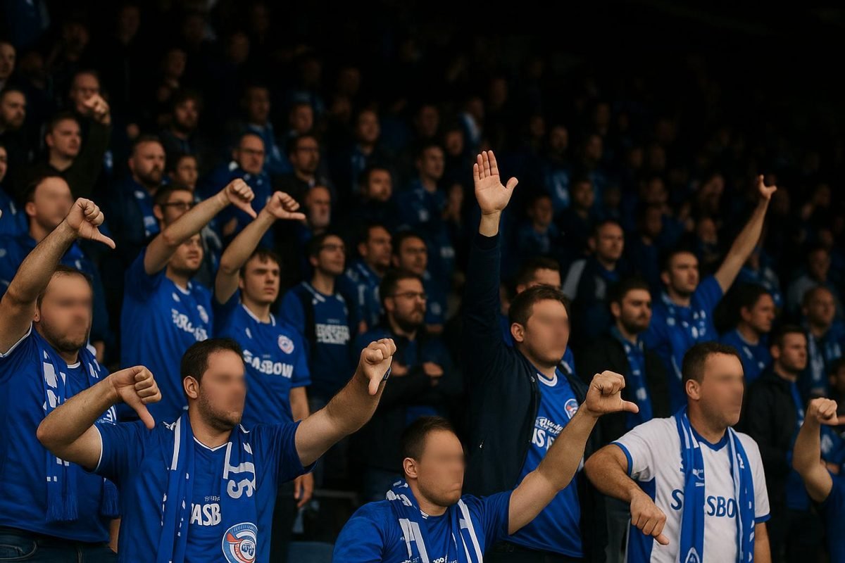 Supporters in het stadion van Strasbourg tijdens een wedstrijd in de Conference League