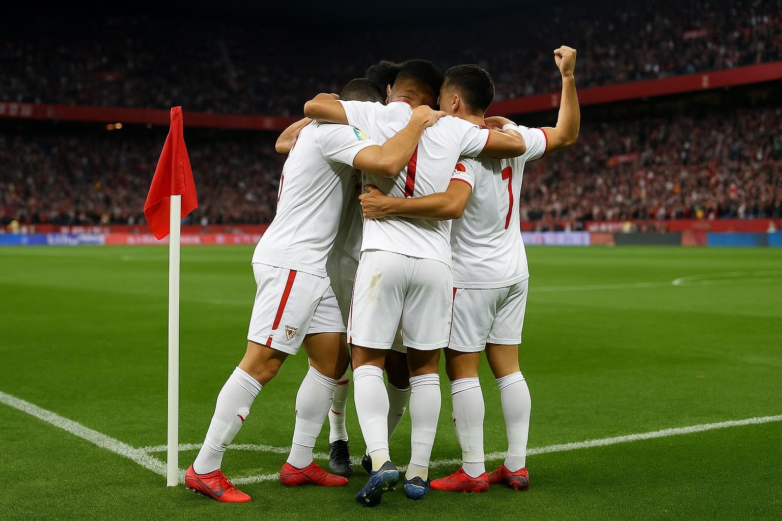 Spelers van Sevilla vieren een late goal in een competitiewedstrijd in La Liga.