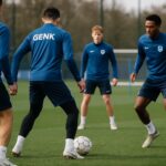 Coach Nicky Hayen van KRC Genk tijdens een trainingsmoment