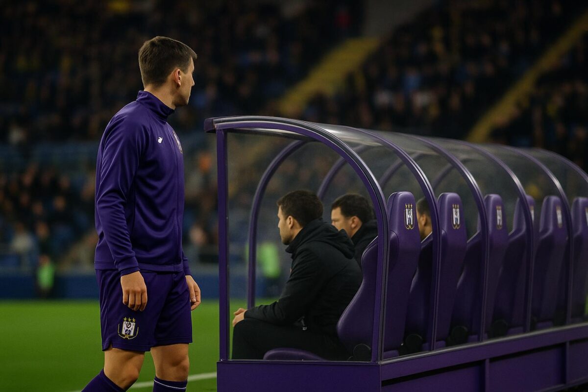 Dug-out bij een uitwedstrijd van RSC Anderlecht met focus op de bank, zonder herkenbare gezichten