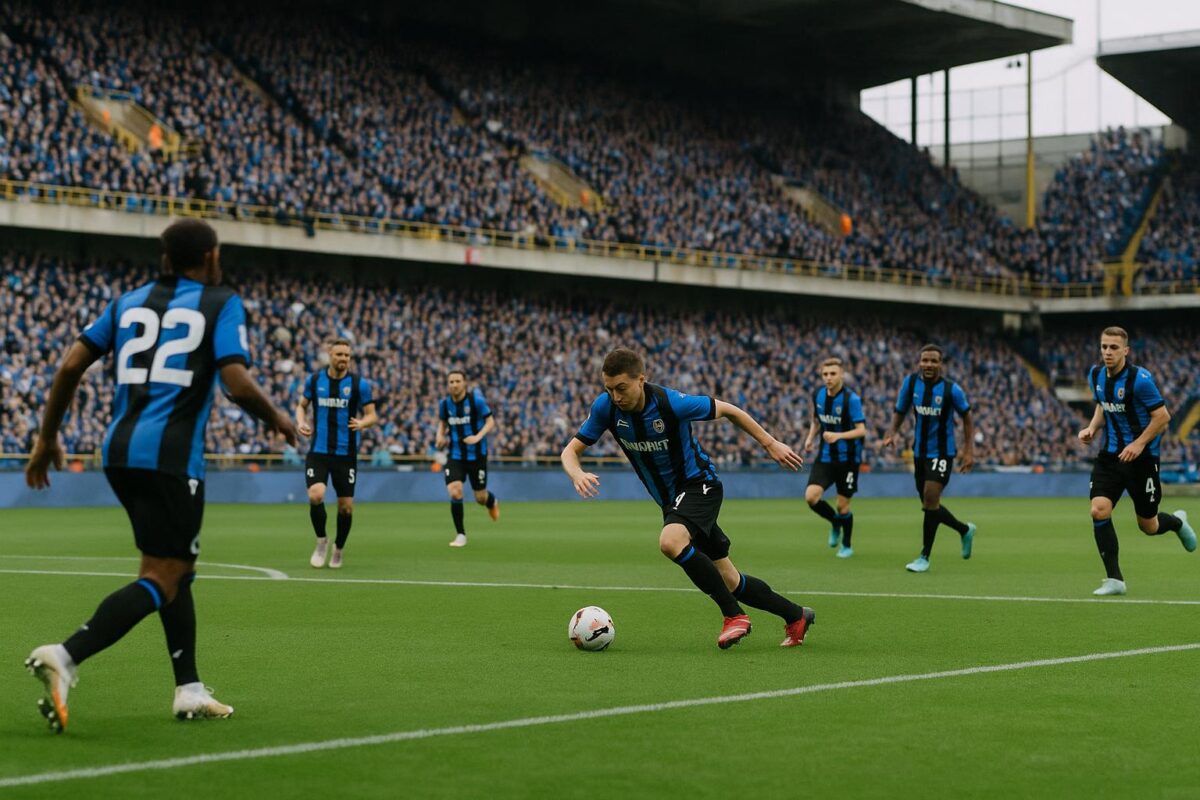 Spelers van Club Brugge vieren een actie in het Jan Breydelstadion zonder herkenbare gezichten.
