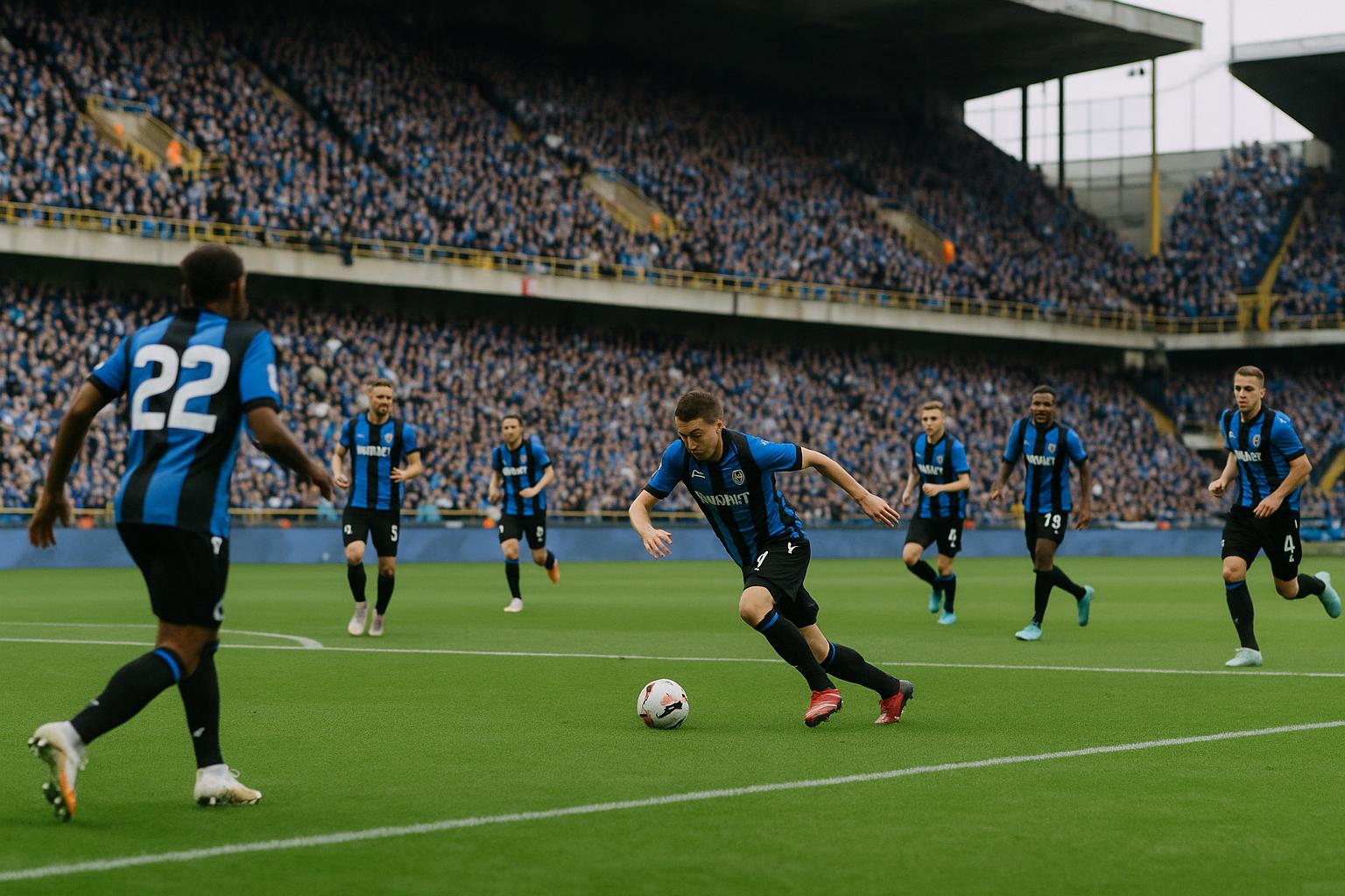 Spelers van Club Brugge vieren een actie in het Jan Breydelstadion zonder herkenbare gezichten.