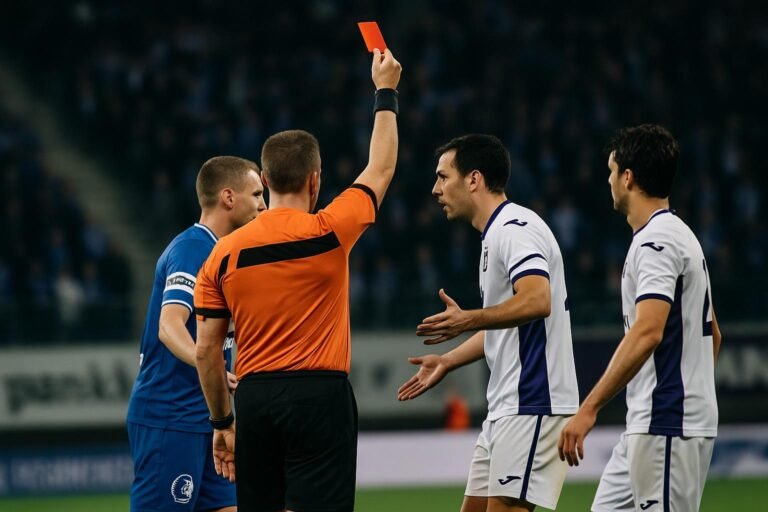 Spelmoment in KAA Gent tegen RSC Anderlecht met scheidsrechter en spelers in duel