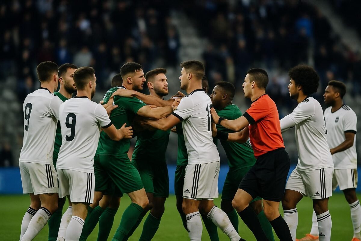 Spelers van KAA Gent en RSC Anderlecht raken na affluiten verwikkeld in een opstoot.