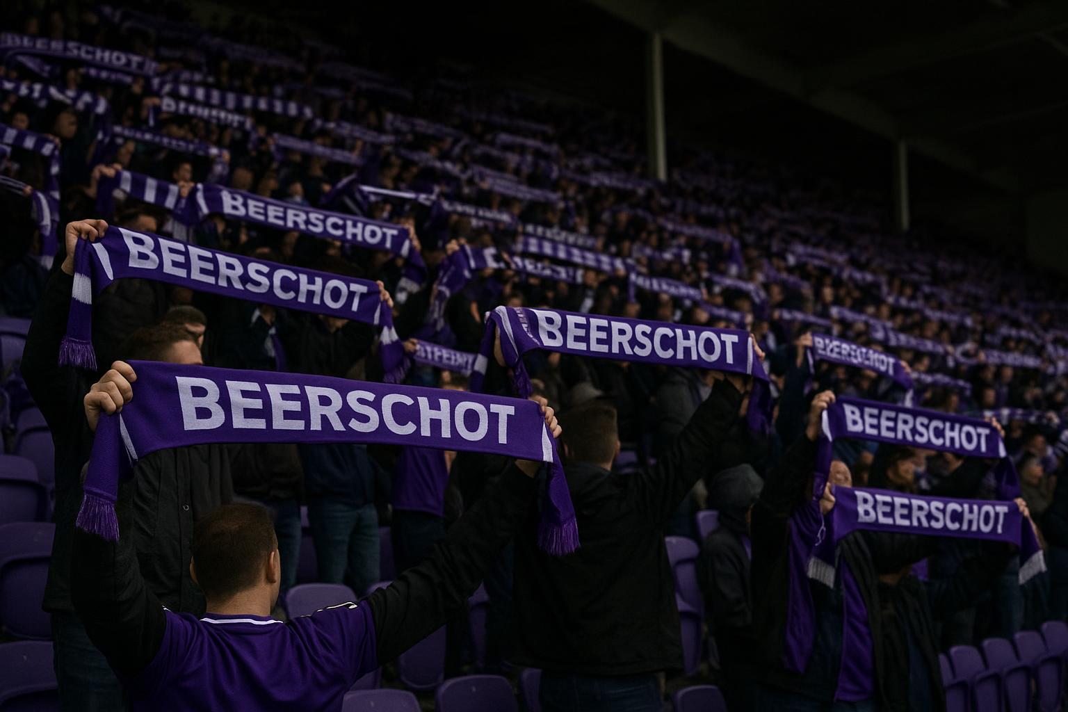 Supporters van Beerschot zorgen voor sfeer in het stadion tijdens de Promotion Play-Offs.