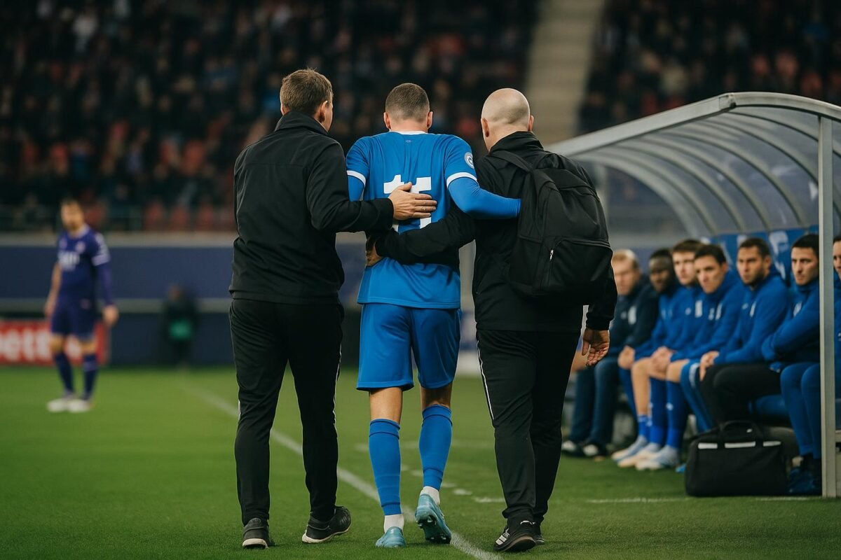 Zijlijnbeeld in het stadion bij KAA Gent tegen Anderlecht met staf op de achtergrond