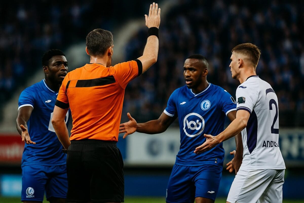 Spanningsmoment tijdens KAA Gent tegen RSC Anderlecht met de scheidsrechter in beeld