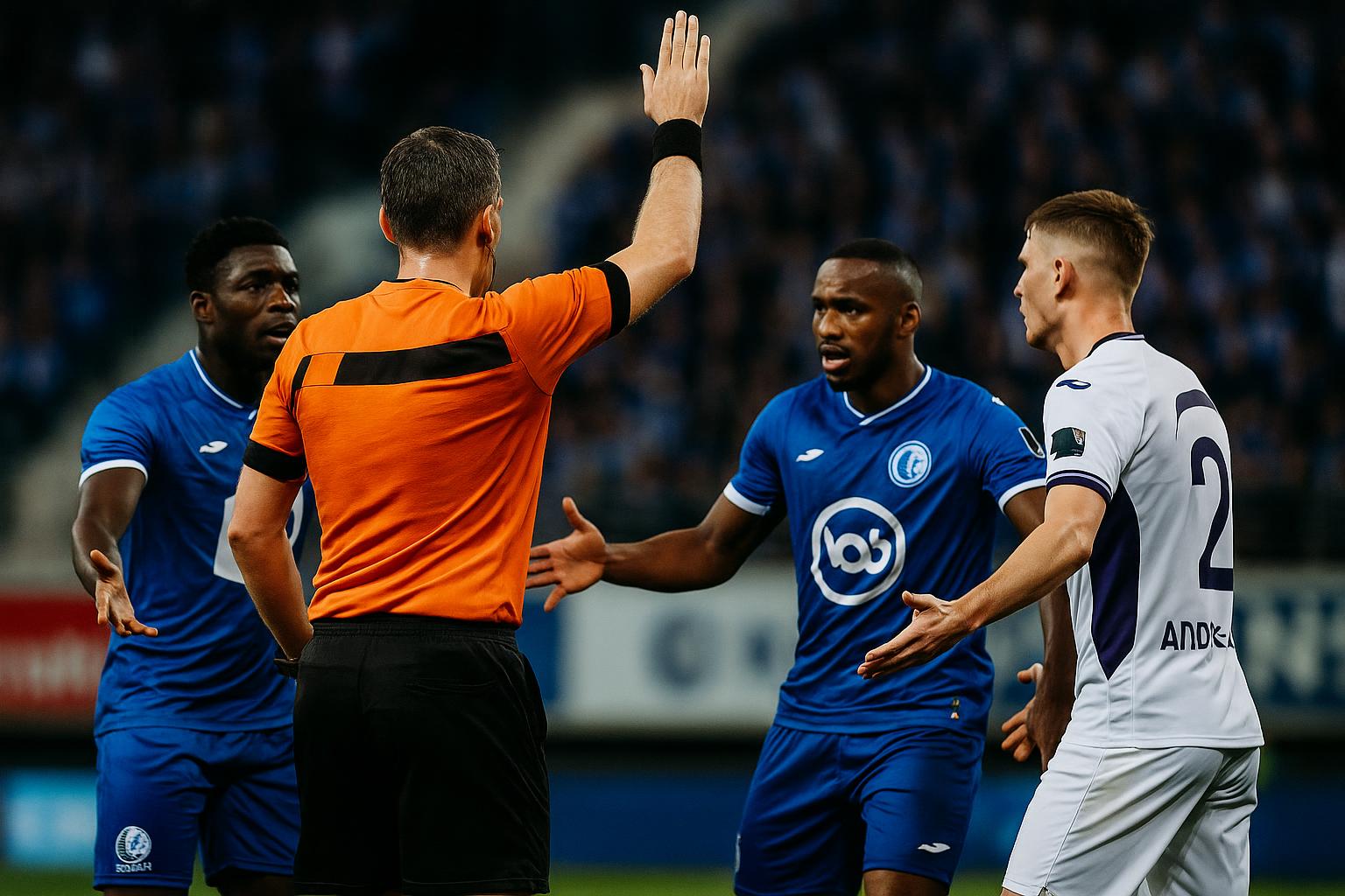 Spanningsmoment tijdens KAA Gent tegen RSC Anderlecht met de scheidsrechter in beeld