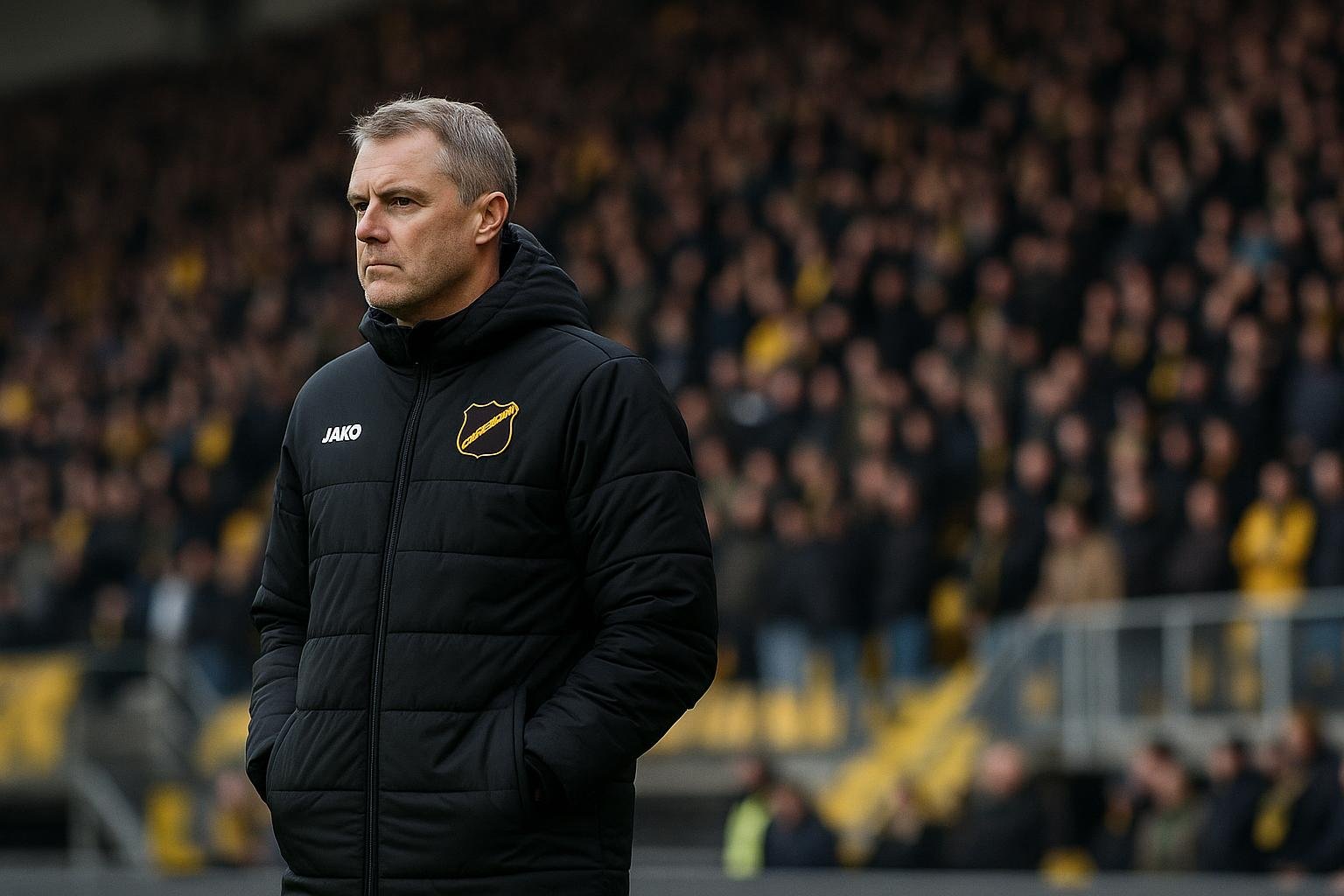 Carl Hoefkens als trainer van NAC in het Rat Verlegh Stadion tijdens de degradatiestrijd