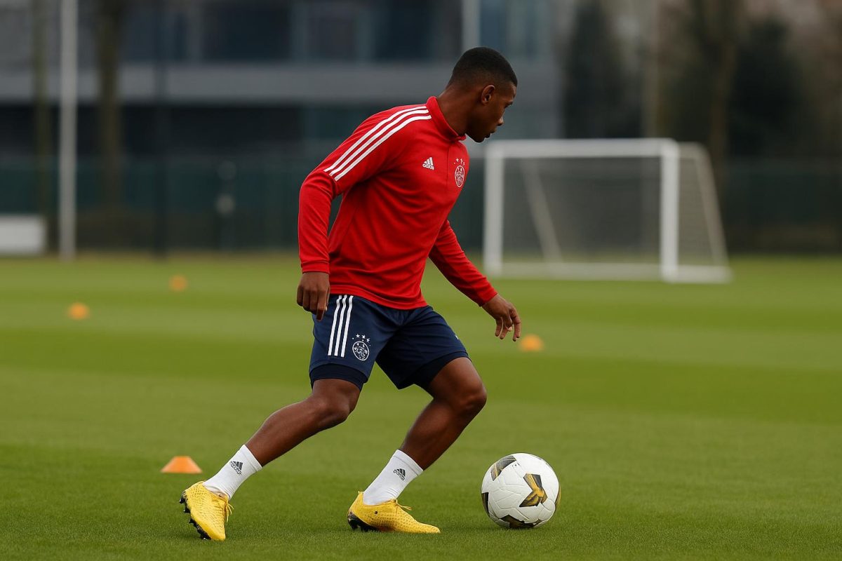 Mika Godts van Ajax tijdens een training, gezien vanop afstand zonder herkenbare gezichten
