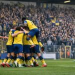 Spelers van Union SG vieren de 3-0-zege tegen KV Mechelen in het Dudenpark