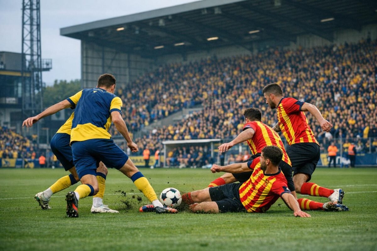 Spelmoment van Royale Union Saint-Gilloise tegen KV Mechelen in het stadion