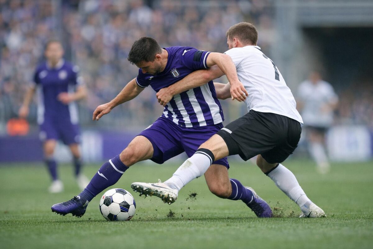 Actiemoment van RSC Anderlecht in wedstrijd, met focus op de aanvalslinie