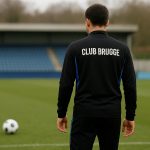 Raphael Onyedika van Club Brugge tijdens een trainingsmoment met bal