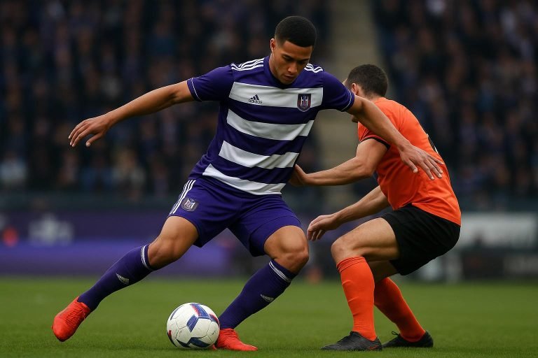 Actiefoto van Nathan Saliba in actie voor Anderlecht op het middenveld.