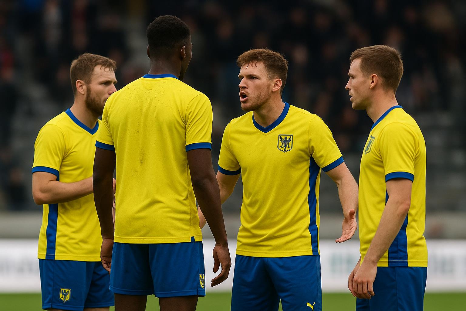 Spelers van STVV en Anderlecht in discussie na een wedstrijd, met focus op de nasleep van een viering
