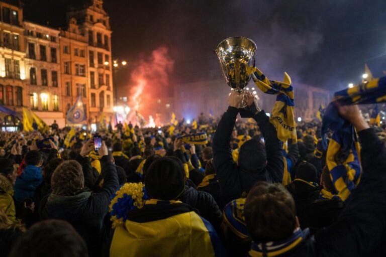 Union SG viert de bekerwinst met de trofee en supporters in Brussel