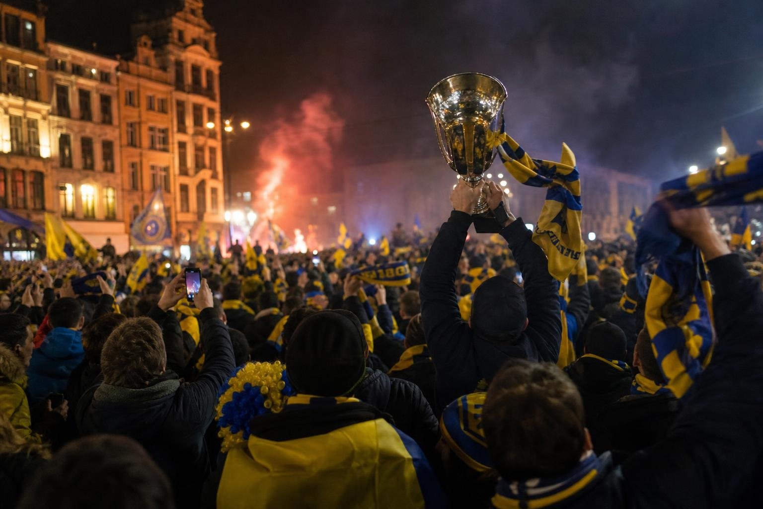 Union SG viert de bekerwinst met de trofee en supporters in Brussel