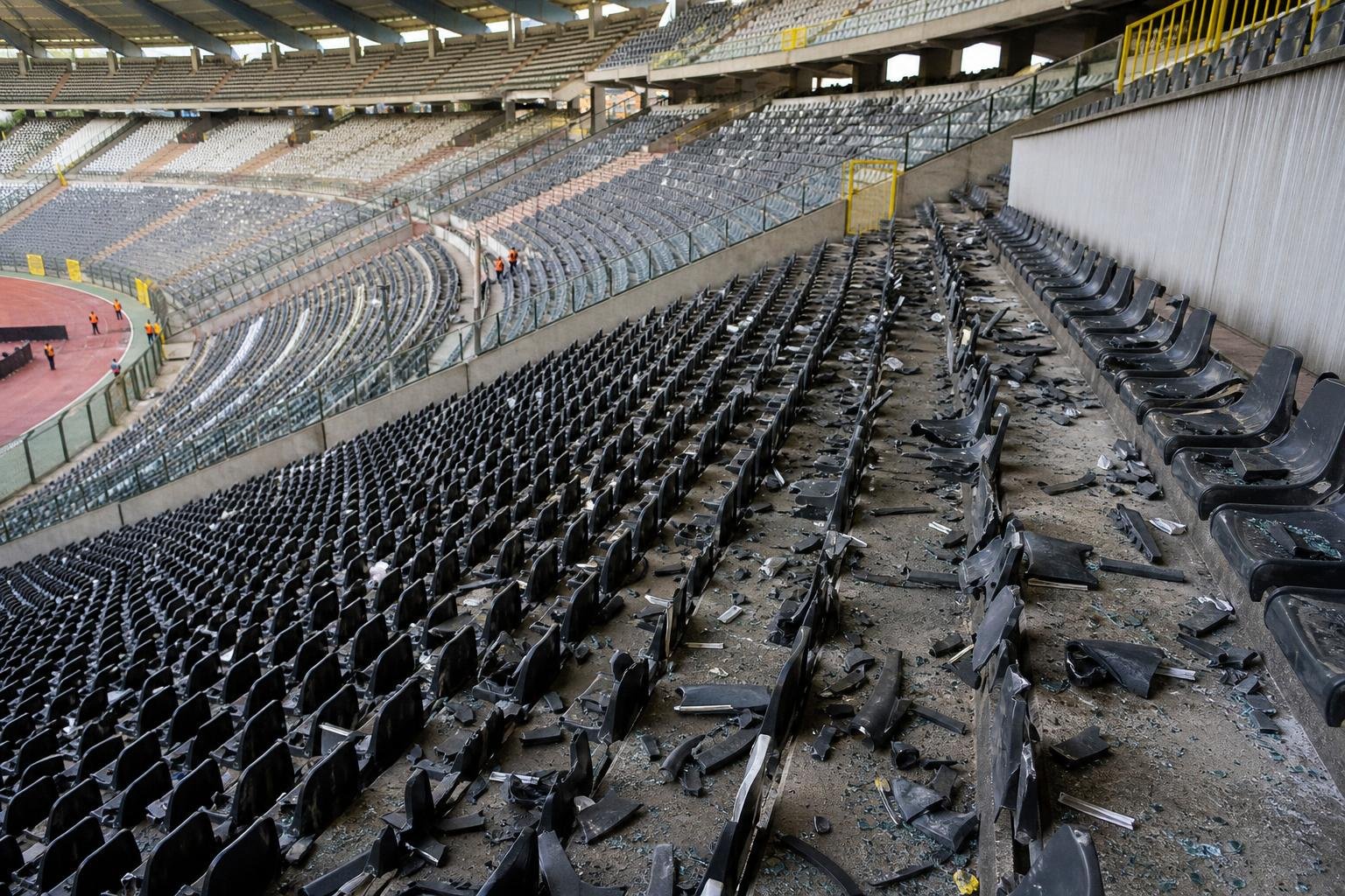 Beschadigde tribunes met vernielde stoeltjes in het Koning Boudewijnstadion na de bekerfinale