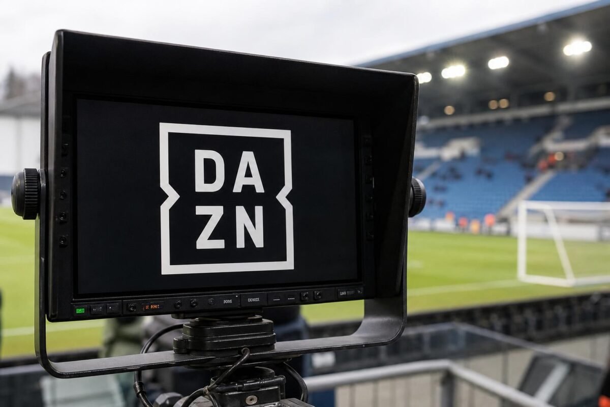 DAZN in beeld in een tv-omgeving rond de uitzendrechten van het Belgische voetbal