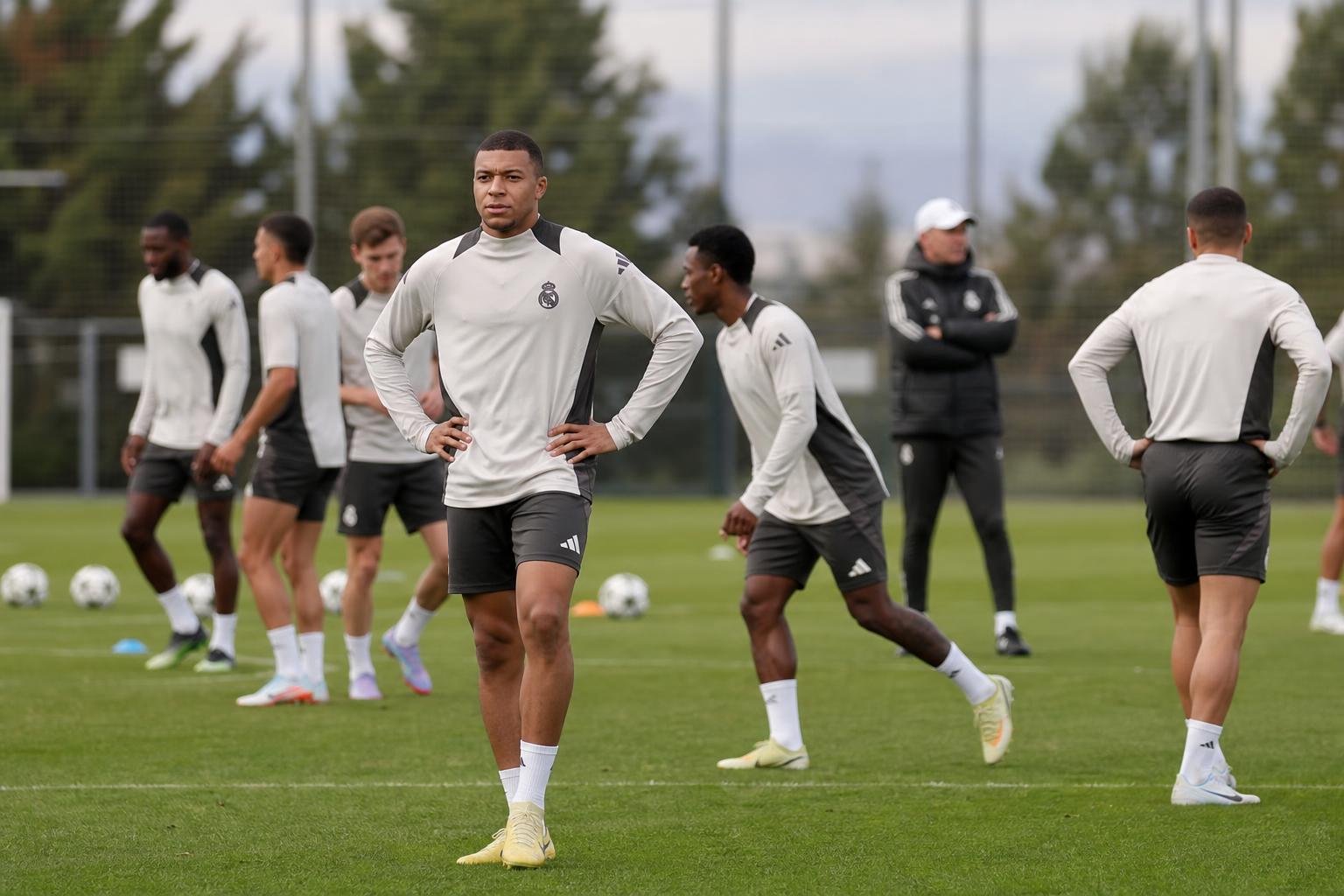 Spelers van Real Madrid op training in een gespannen sfeer, gefotografeerd vanop afstand zonder herkenbare gezichten.