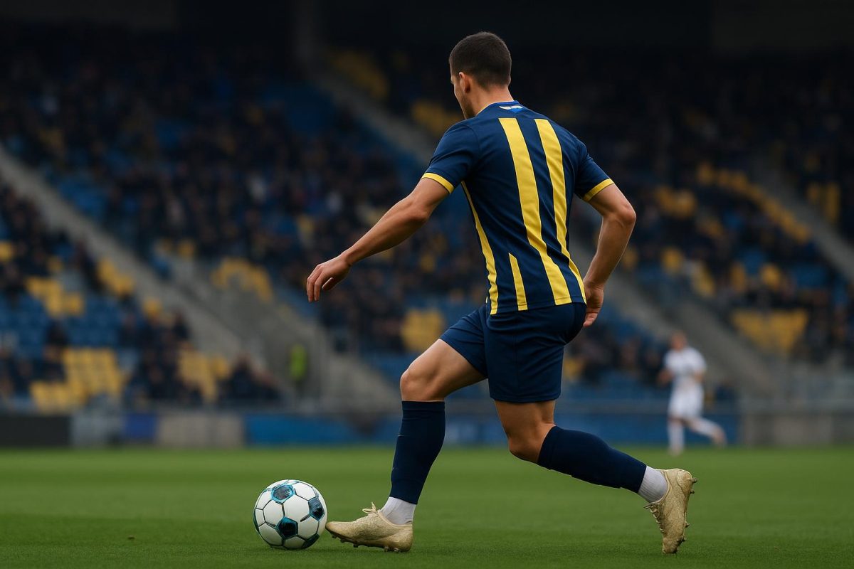 Actiebeeld in een stadion met een Union-middenvelder in spelmoment, zonder herkenbare gezichten.