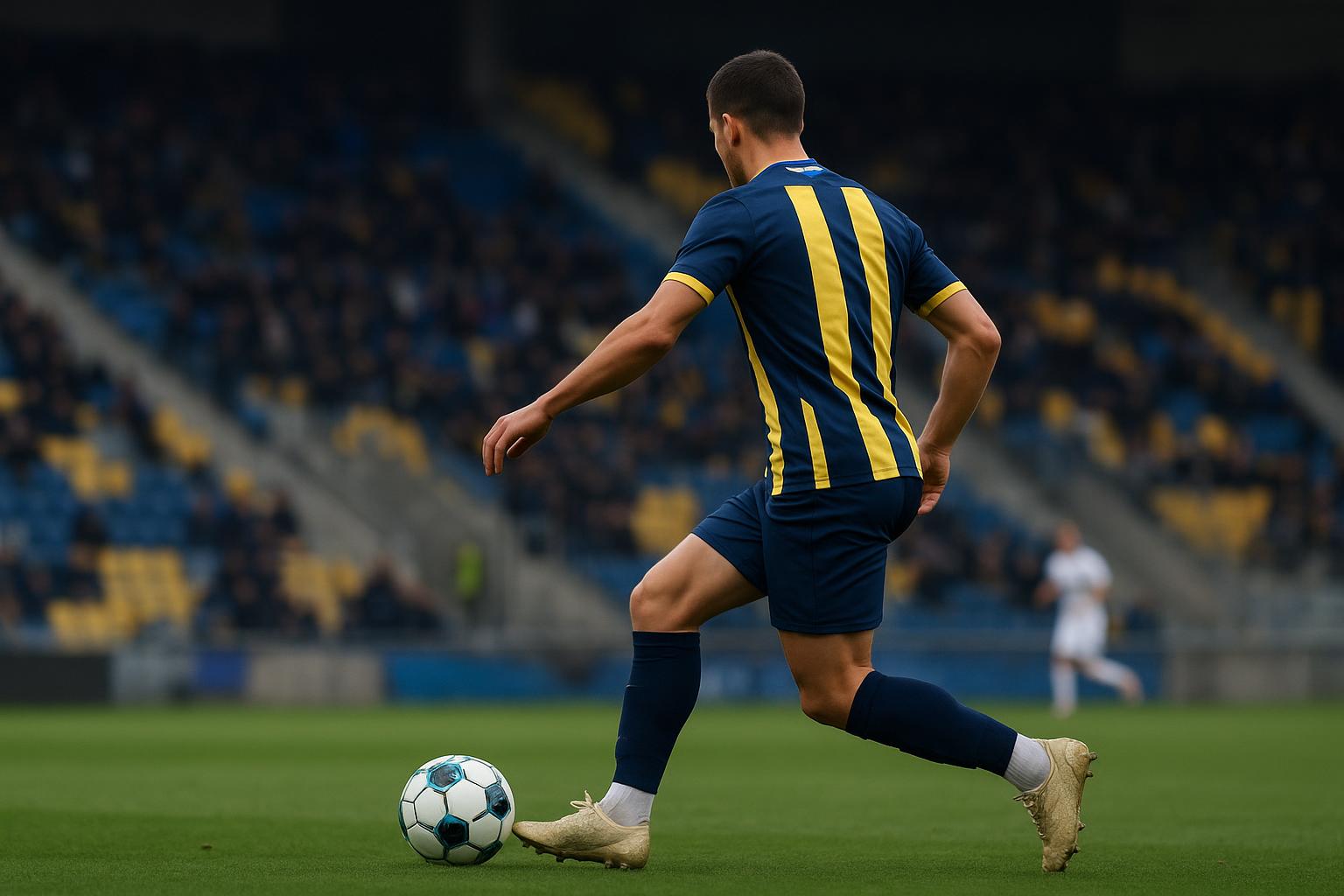Actiebeeld in een stadion met een Union-middenvelder in spelmoment, zonder herkenbare gezichten.