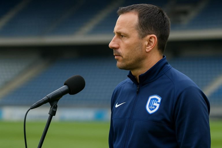 Nicky Hayen tijdens een persmoment bij KRC Genk