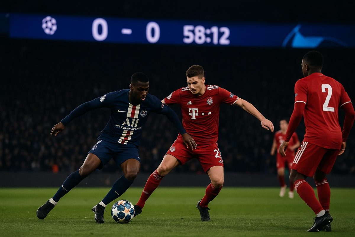 Stadionsfeer tijdens PSG tegen Bayern met spelers in actie en publiek op de achtergrond