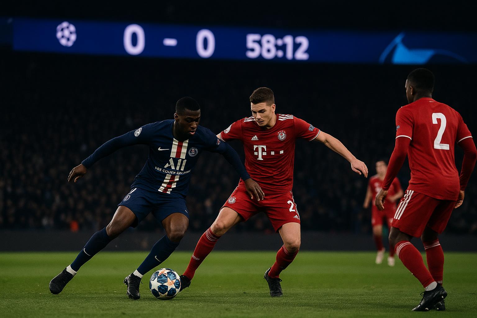 Stadionsfeer tijdens PSG tegen Bayern met spelers in actie en publiek op de achtergrond