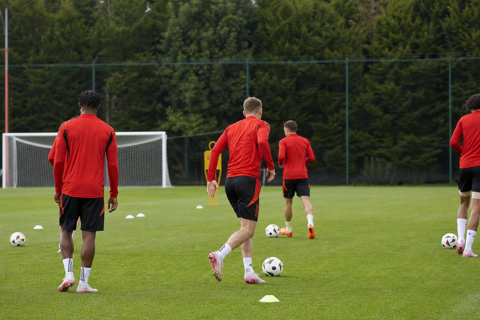 Sfeerbeeld van de Rode Duivels op training met spelers op het veld