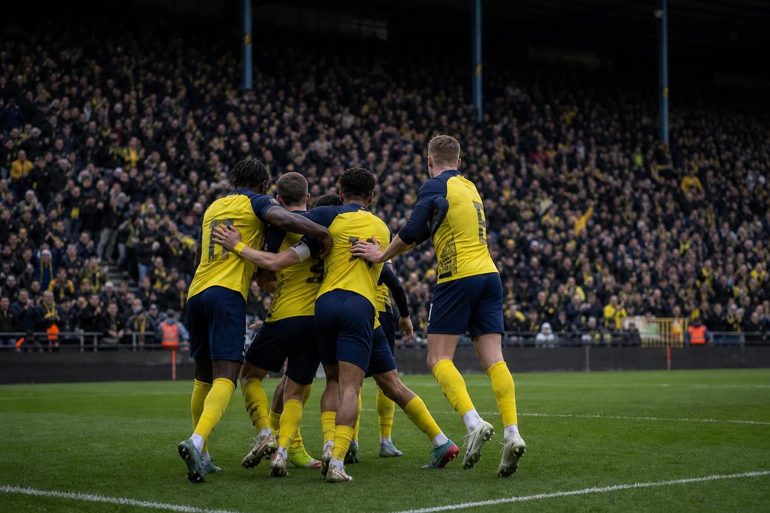 Spelers van Union SG vieren na een overwinning, met focus op de spanning richting Jan Breydel.