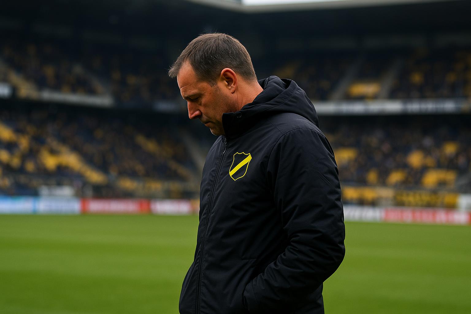 Carl Hoefkens, trainer van NAC Breda, langs de zijlijn tijdens een wedstrijd.