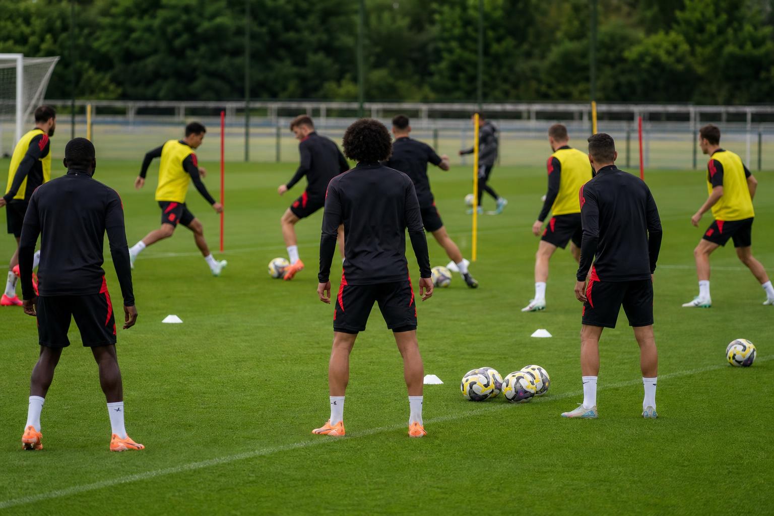 Sfeerbeeld van de Rode Duivels op training richting WK, met focus op de aanvalslijn zonder herkenbare gezichten.