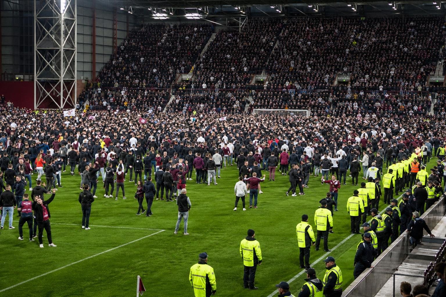 Supporters op het veld in Celtic Park na het titelduel, met spelers op de achtergrond.