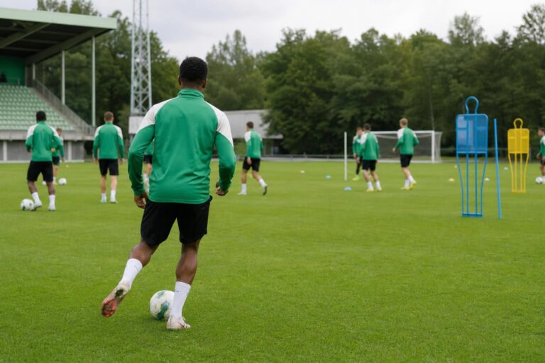 Speler van Lommel SK op training, gezien vanop afstand zonder herkenbaar gezicht.