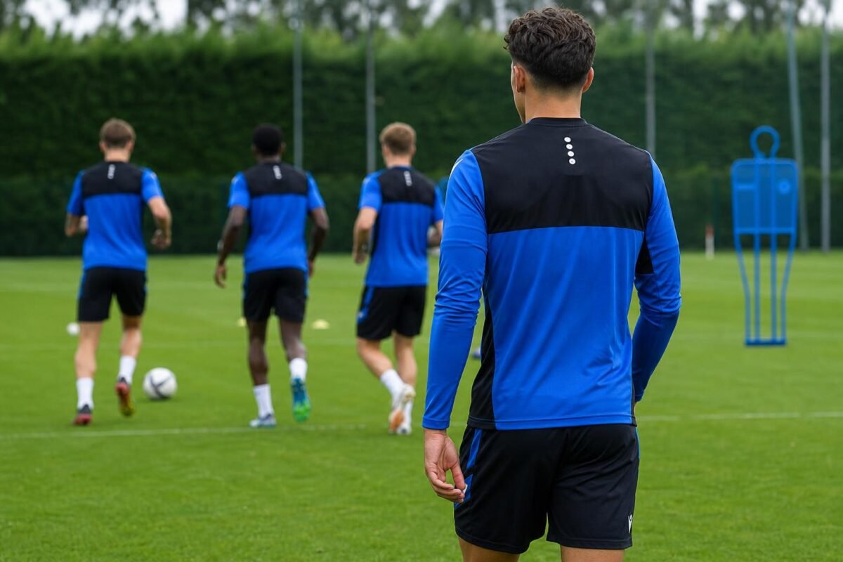 Training bij Club Brugge met focus op een jonge verdediger, zonder herkenbare gezichten.