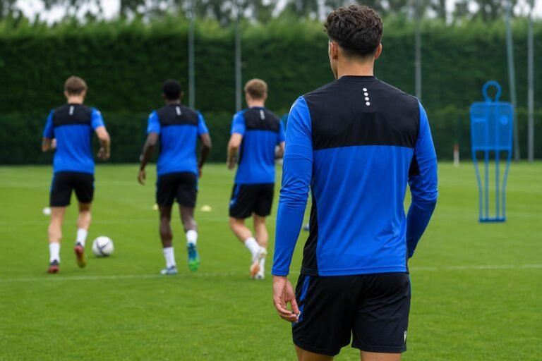 Training bij Club Brugge met focus op een jonge verdediger, zonder herkenbare gezichten.