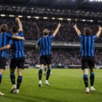 Spelers van Club Brugge vieren een doelpunt in het Jan Breydelstadion tegen Union SG