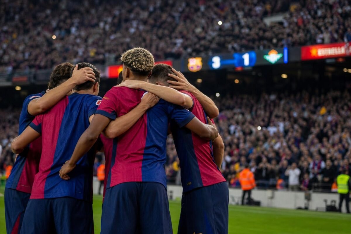 Spelers van FC Barcelona vieren een doelpunt tegen Real Betis in Camp Nou